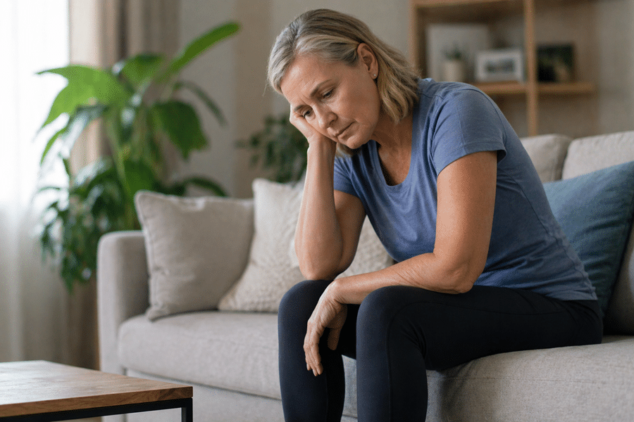 Woman sitting on a sofa in a living room, resting her head on her hand and looking tired or pensive.