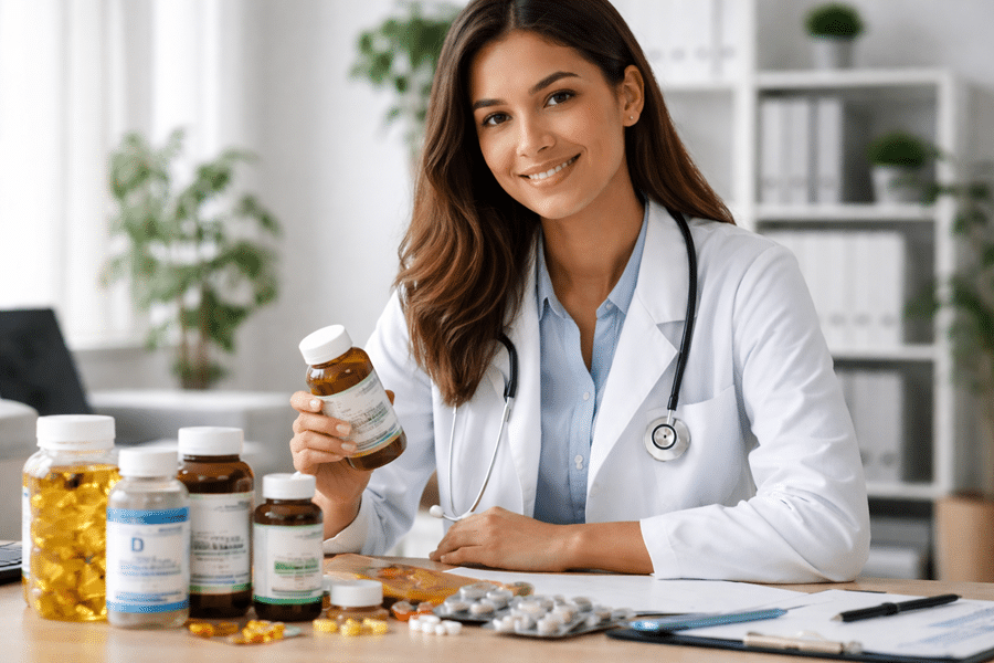 Female doctor in a white coat with a stethoscope, holding a prescription bottle among assorted pills on a desk.