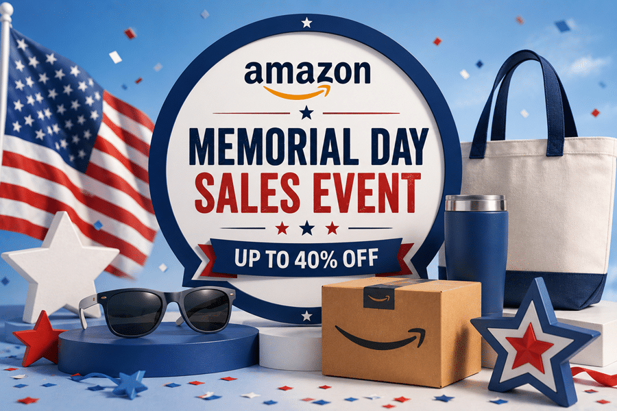 Promotional image for Amazon Memorial Day Sales Event with a round sign reading 'UP TO 40% OFF' and patriotic decor.