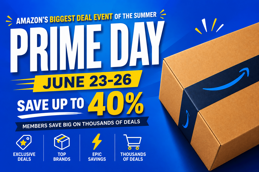 Prime Day sale banner with bold white text 'PRIME DAY', dates June 23–26, 'Save up to 40%', and a cardboard package on the right on a blue background.