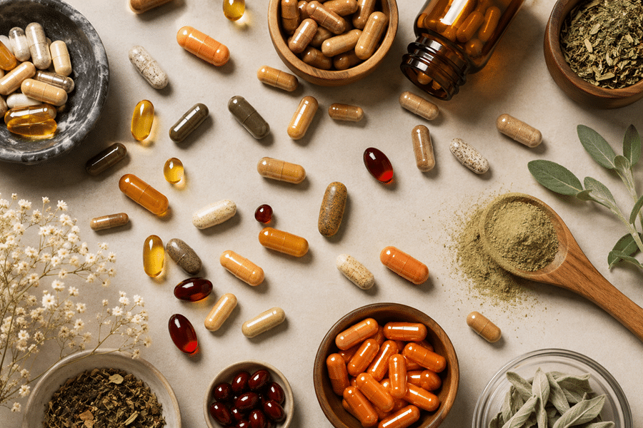 Assorted dietary supplements—capsules, pills, and herbal powders—scattered on a light surface with bowls and spoons nearby.