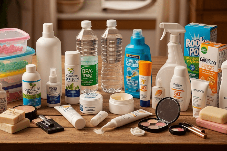 Assorted personal care products and cosmetics laid out on a wooden table, including shampoos, lotions, lipsticks, and soaps, with makeup palettes in front