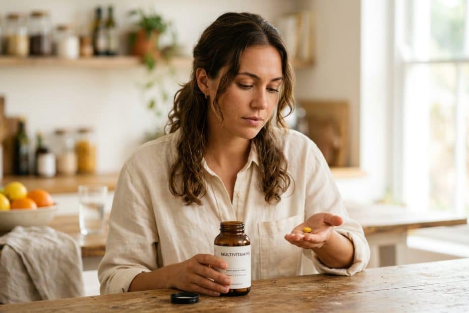 Woman in a bright kitchen pours a yellow vitamin from a bottle labeled MULTIVITAMINS into her hand.