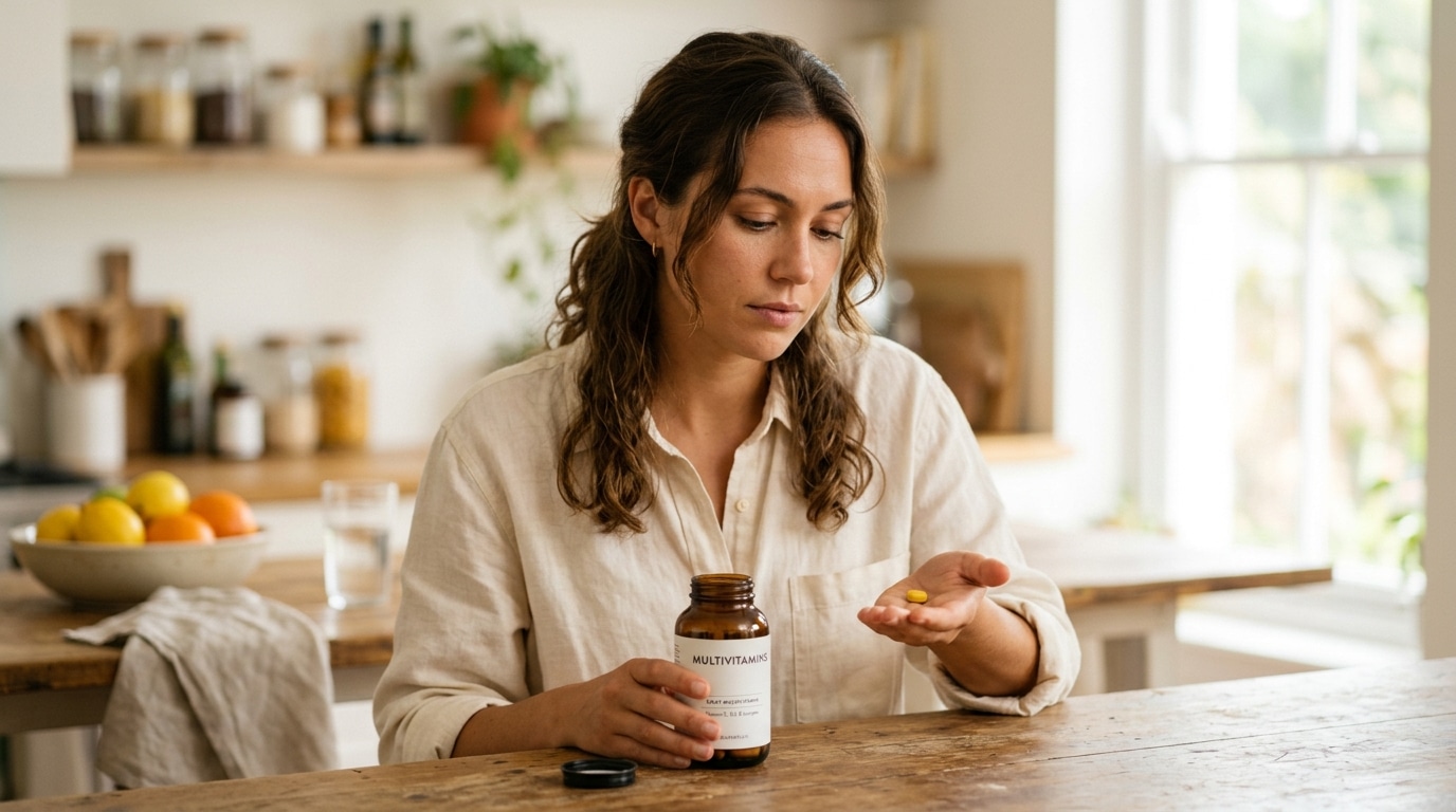 Woman in a bright kitchen pours a yellow vitamin from a bottle labeled MULTIVITAMINS into her hand.